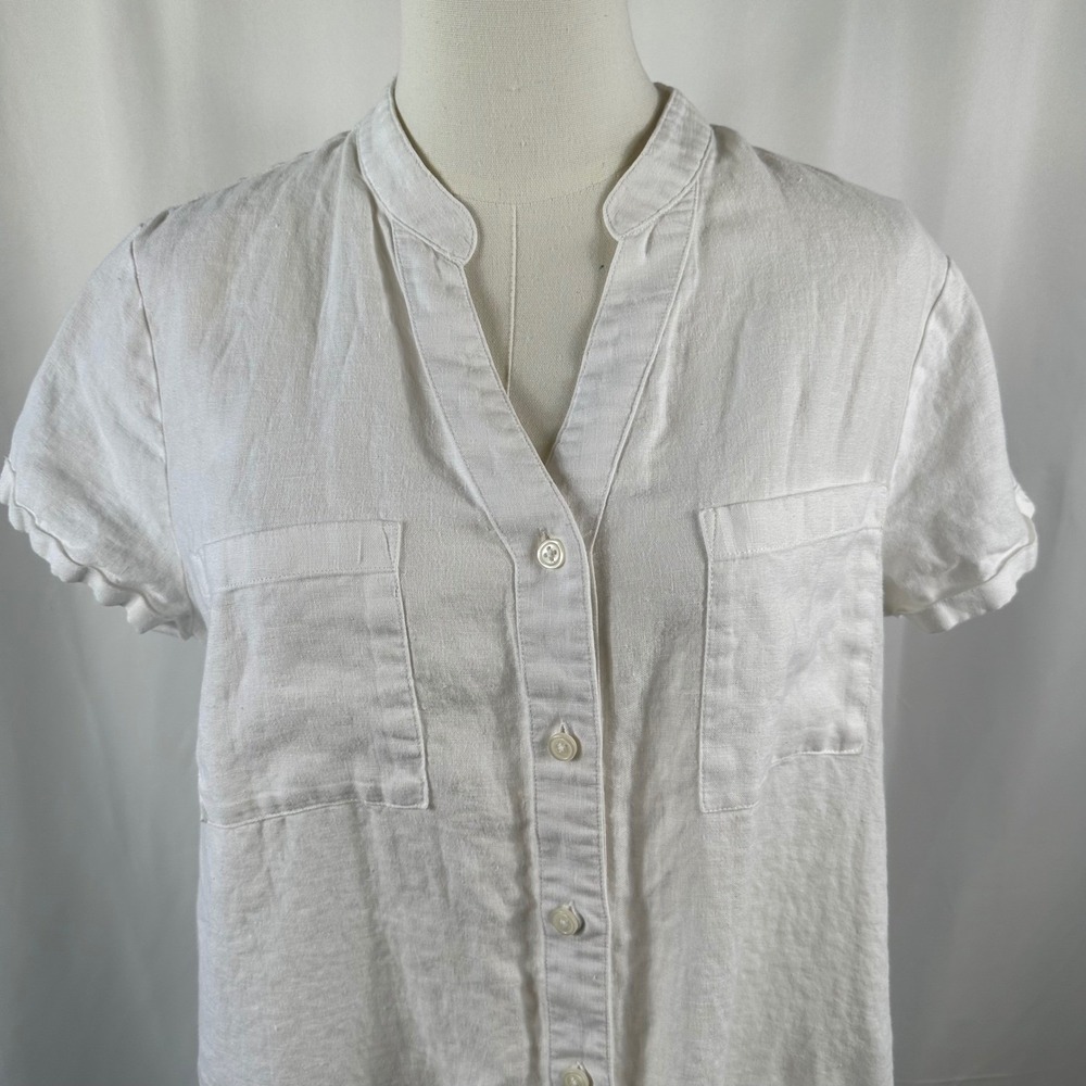 Pure Navy Dress Women M White Coastal Linen Shirt Dress Midi Button Down Pocket - Picture 2 of 8